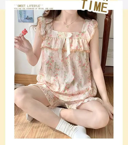 Set Sexy Women Summer Pajamas Sleeveless Sleepwear Trousers Sets Short Sleeve Sleepwear Women's Pajama Sleeping Sleep Lounge
