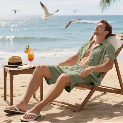 Summer Men's Solid-Color Linen Beach Suit, Lapel Button Short-Sleeved Shirt Paired With Drawstring Shorts, Casual 2-Piece Set
