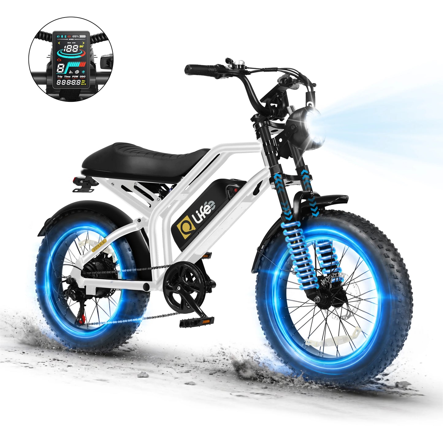 Qlife Spark D1 Electric Bike for Adults, 1500W Peak Motor 48V 10.4 Ah, 16" Fat Tires Electric Mountain Bike, 28 MPH 50Mi Range Off-Road Ebike with Full Suspension