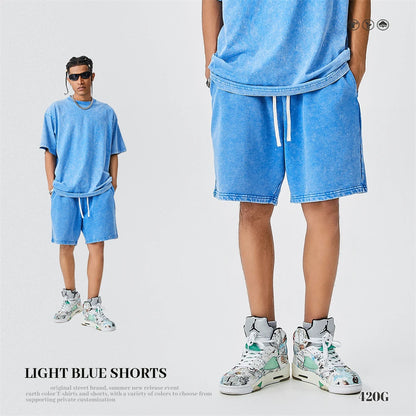 ZODF Trendy Batik Washed 420gsm Cotton Shorts For Men Retro Unisex Basic Heavy Weight Loose Solid Shorts Brand Bottoms HY0855