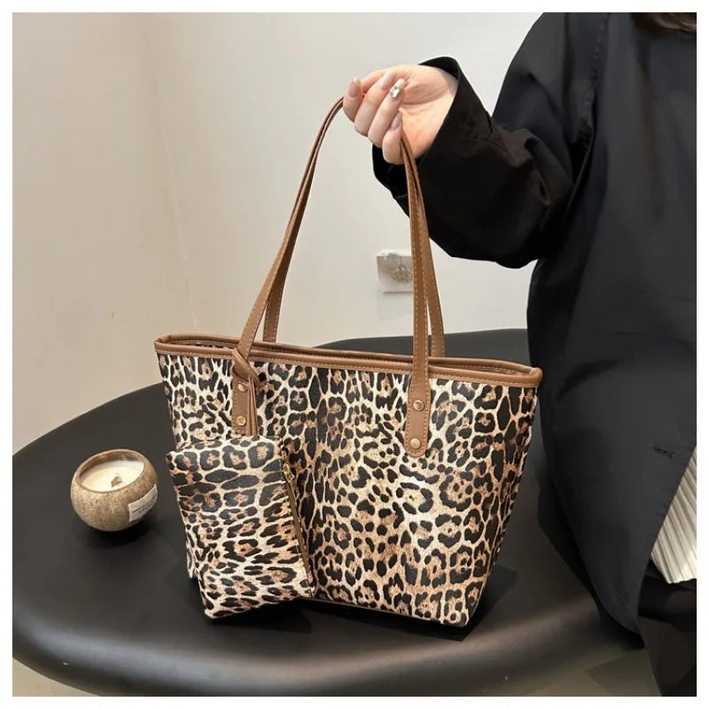 Leopard Print Tote Bag - Women's PU Leather Large Capacity Casual Travel Purse