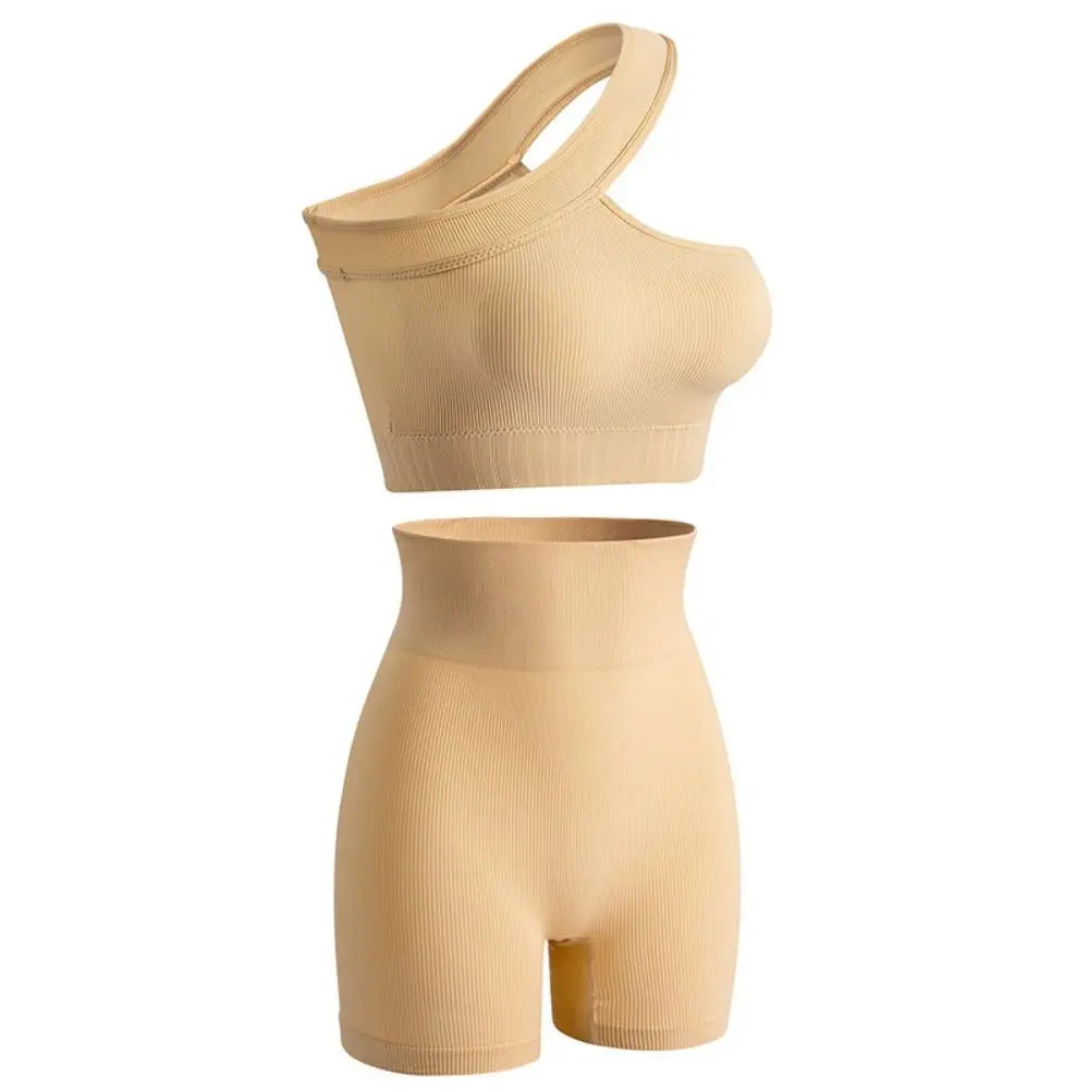 2Pcs Reusable Seamless Women Workout Sets High Waist One Shoulder Active Wear Ribbed Tank Tops Yoga Outfits Fitness