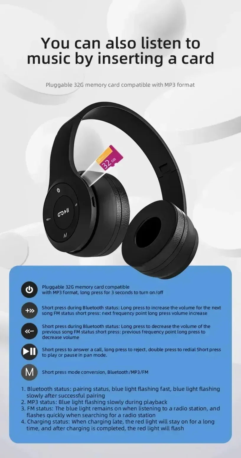 P47 Wireless Bluetooth Headphone With Microphone Foldable Headsets Bass HiFi Sound Music Stereo Earphone For Smartphones TV Game