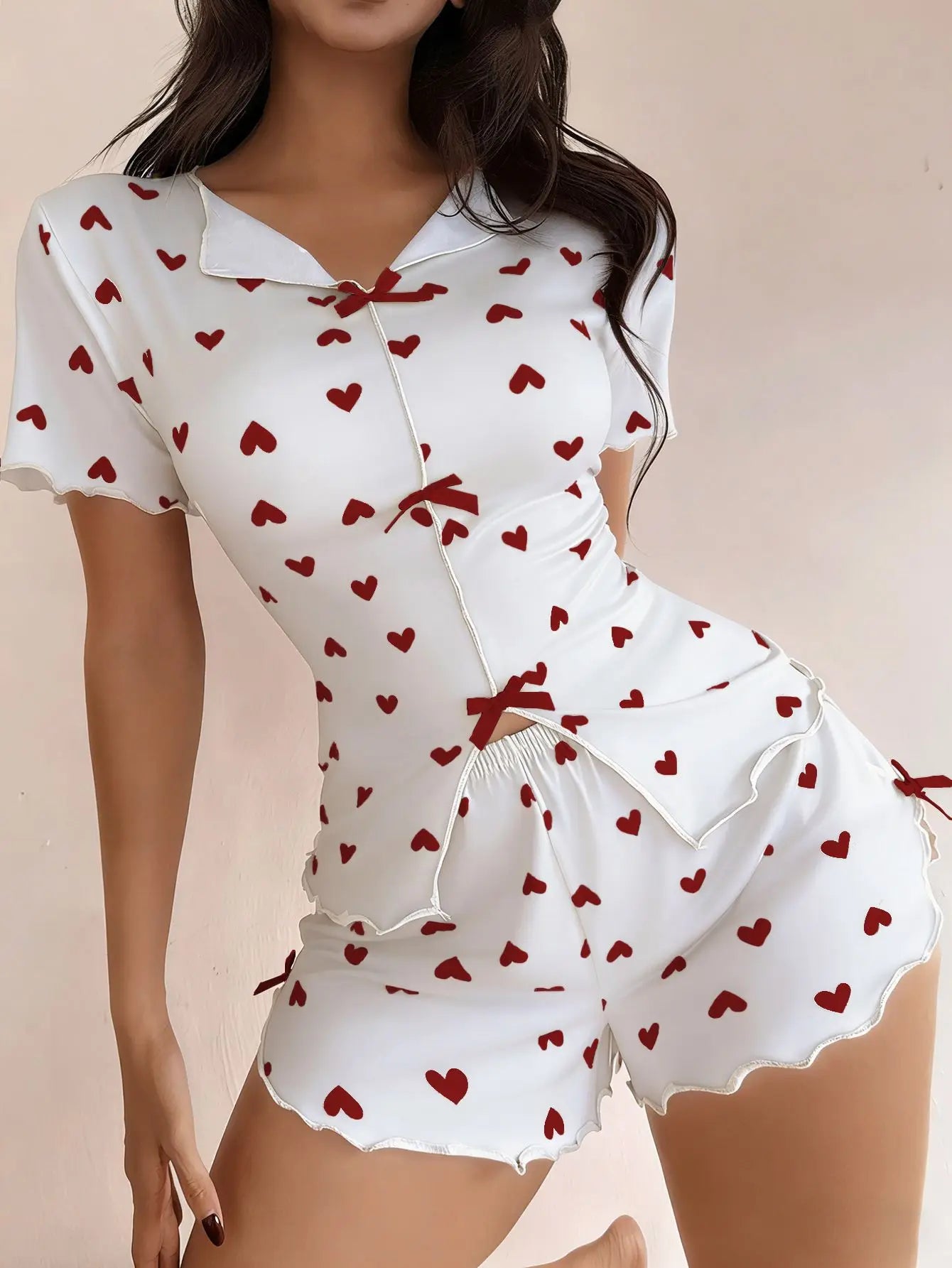 New Summer Women's Pajamas with Love Printed Collar, Short Sleeve Bow, Slim Fit, Comfortable and Soft Women's Home Clothes