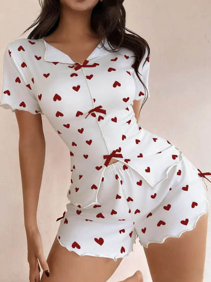 New Summer Women's Pajamas with Love Printed Collar, Short Sleeve Bow, Slim Fit, Comfortable and Soft Women's Home Clothes