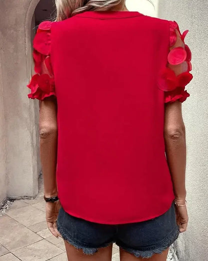 Women's Sexy V-Neck Puff Sleeve Blouse  Semi-Sheer Mesh Panels Short Sleeve Summer Top  Solid Red Machine Washable for Spring