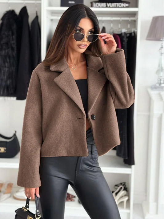 Cropped Trench Coat - Women's Wool Coat With Single Button Closure, Autumn Winter Outerwear