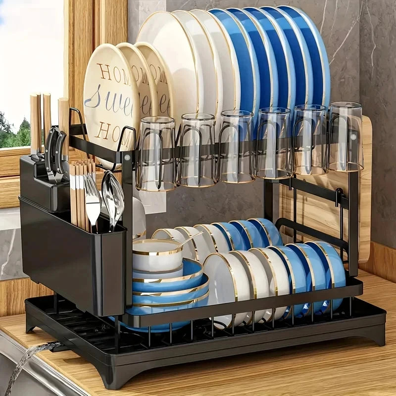 Multifunctional Countertop Dish Rack Kitchen Drain Storage Organizer with Cup Knife Chopsticks Holder New for Home Kitchen Use