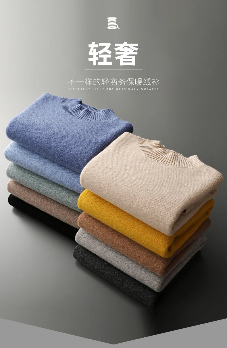 Winter Double Thick Men's Cashmere Sweater With Semi-High Neck High-End Warm Wool Knitted Bottoming Shirt