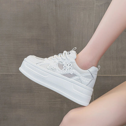 Womens White Mesh Platform Sneakers Breathable Thick Sole Casual Shoes With Flower Embroidery Lightweight Non Slip For Summer Da