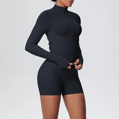 Women Gym Set - Seamless Yoga Suit With Zip Shirt & Cycling Shorts Activewear