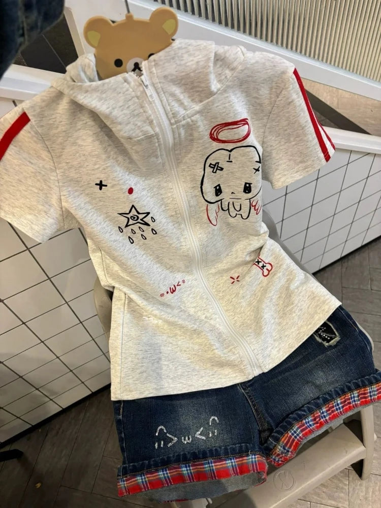 Japanese Cute Babes Slim Fit Cardigan Subculture Kawaii Ears Short Sleeve Hoodies Women Summer New Sweet Streetwear Grey Tops