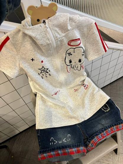 Japanese Cute Babes Slim Fit Cardigan Subculture Kawaii Ears Short Sleeve Hoodies Women Summer New Sweet Streetwear Grey Tops