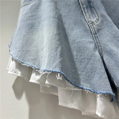 WTHT New Fashion Women's Patchwork Hem Wash Denim Shorts 2025 Summer Trendy High Waist A-line Short Pants Female 1LS1393