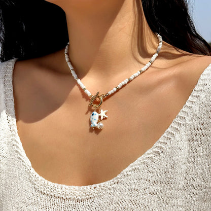 Bohemian Ceramic Fish & Starfish Pendant Necklaces for Women Men Colorful Rice Beaded Chain Necklaces Lightweight Beach Jewelry