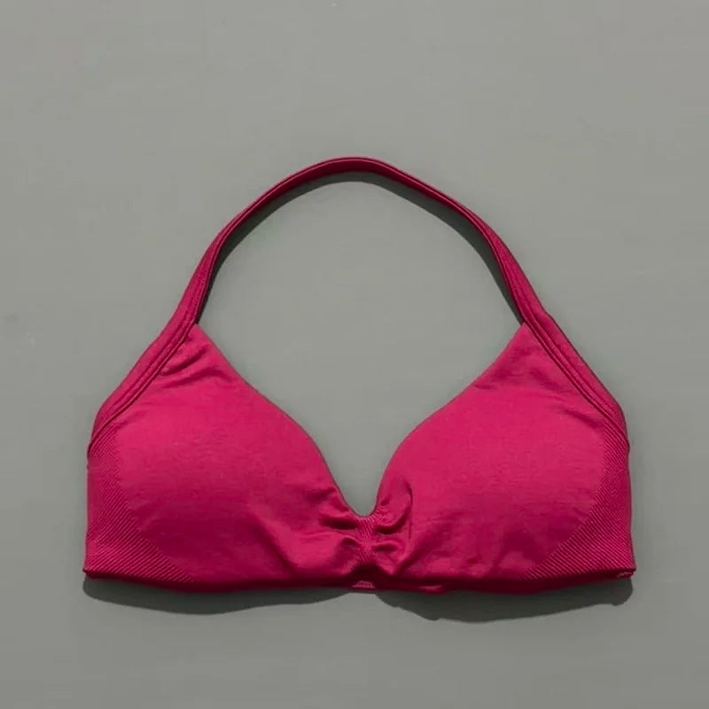 HISTELLO Strappy Bra Gym Top Women High Support Thin Strap Halter Sports Seamless Bras Scrunch Push-up Workout Yoga Tank Tops