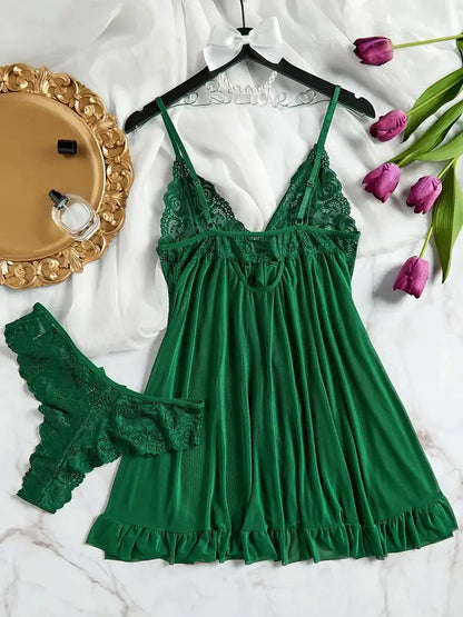 Summer Soft Sheer Nighty Pajamas Nightgowns Dark Green Halter Dress Women Sleepwear Sexy Nightdress Thong Sets