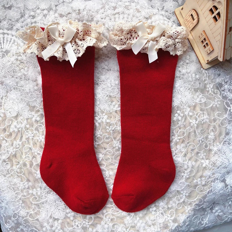 New Winter Autumn Baby Girls Knee High Socks Lace  Ruffle Long Sock Cotton Kids Toddlers Princess Christma Socken For 0-5Years