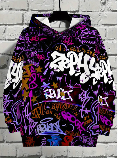 European and American Men's Autumn Gothic Letter Graffiti Print Soft and Comfortable Hooded Sweatshirt Outdoor Street Top
