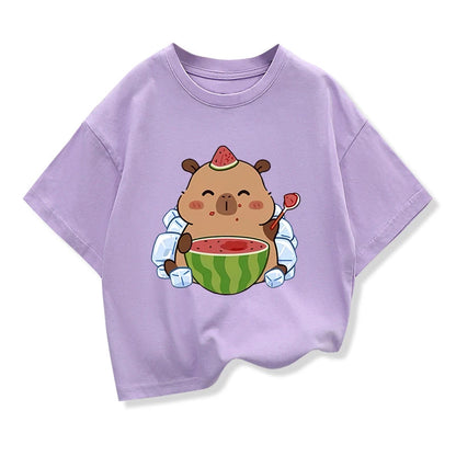 Summer New Capybara Watermelon Printed Cartoon Fashion Short Sleeve T-shirt Kids Clothing Tees Girls Loose Casual Tops T Shirts