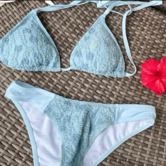 Neck-Mounted Design Thermal Spring Swimsuit Tie-Dye Pattern Slimming Cut Hollow Out Bikini Split Style Hollow Out Design