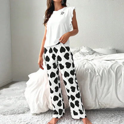 Spring Summer Heart Print Sleepwear Women Comfortable Pajamas Set Short Sleeve T-shirt with Pants Casual Homewear Loungewear