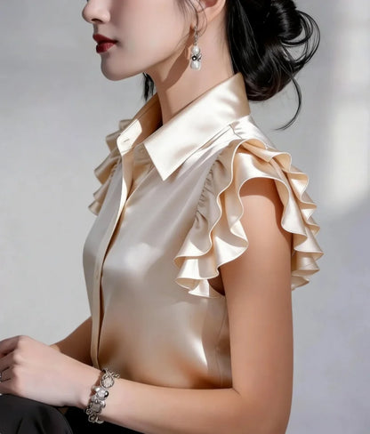 Elegant Satin Button Down Shirt for Women Ruffle Sleeve Collared Office Work Blouse