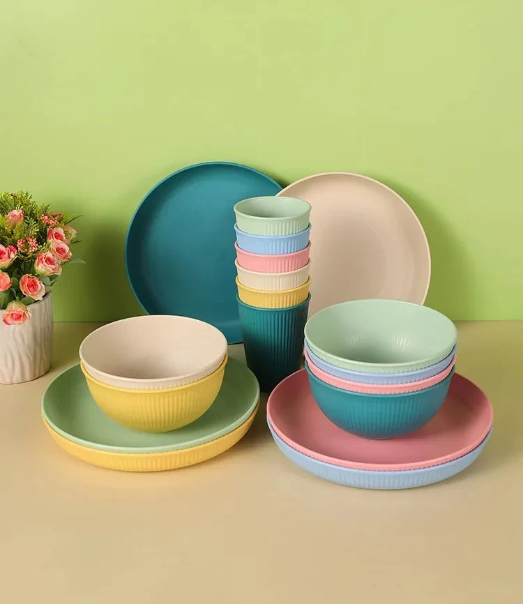 Eco-Friendly Wheat Straw Dinnerware Set - 4pcs Plates Cups Bowls for Home  Outdoor Use