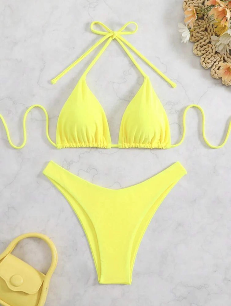 Womens Halter Thong Bikini - Sexy Lace-Up Brazilian Swimsuit in WhiteBlackCoffee - ZOOMNSTORE