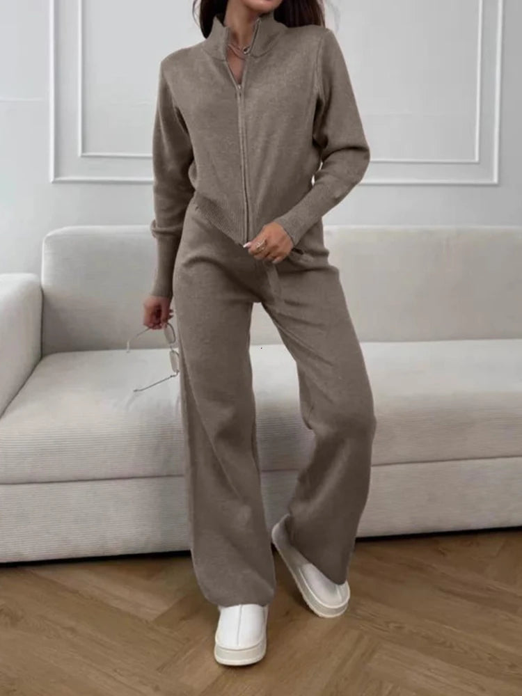 2025 New Trendy Autumn Winter Zip Up Knit Pants Set Women's Trendy Slim Fit Cardigan Pants Chic Commuting Sweater Outfit