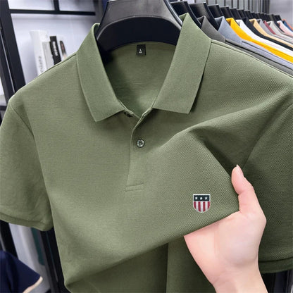 Men's Summer Luxury 100% Cotton Polo Shirt, Lapel Print Short Sleeve T-shirt, Breathable Business Casual Menswear