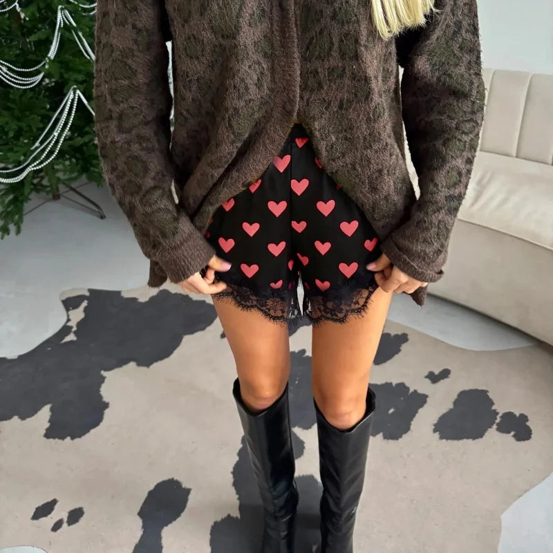 Women's Satin Sleep Shorts – Heart-Print Lace Lounge Shorts