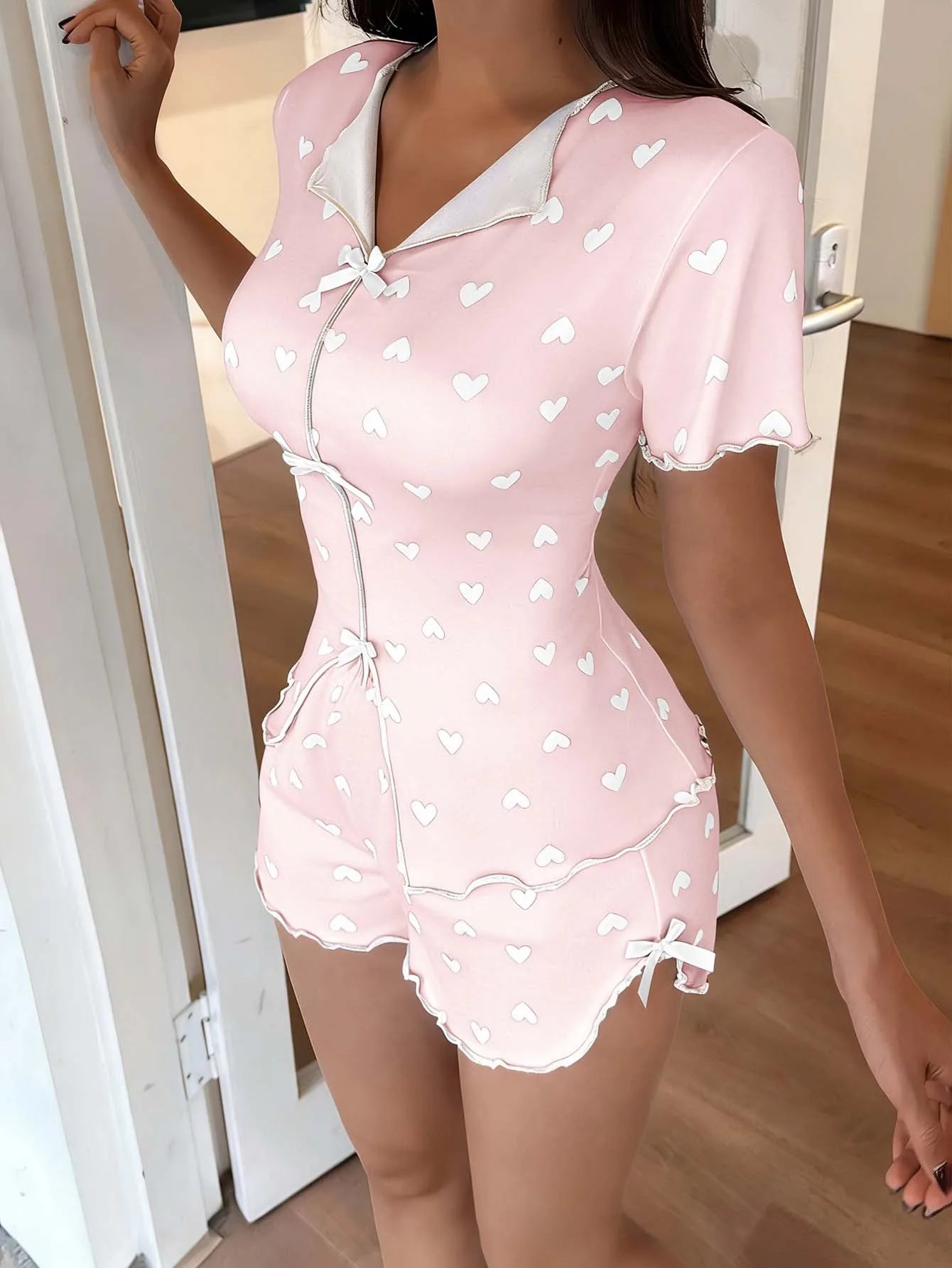 New Summer Women's Pajamas with Love Printed Collar, Short Sleeve Bow, Slim Fit, Comfortable and Soft Women's Home Clothes