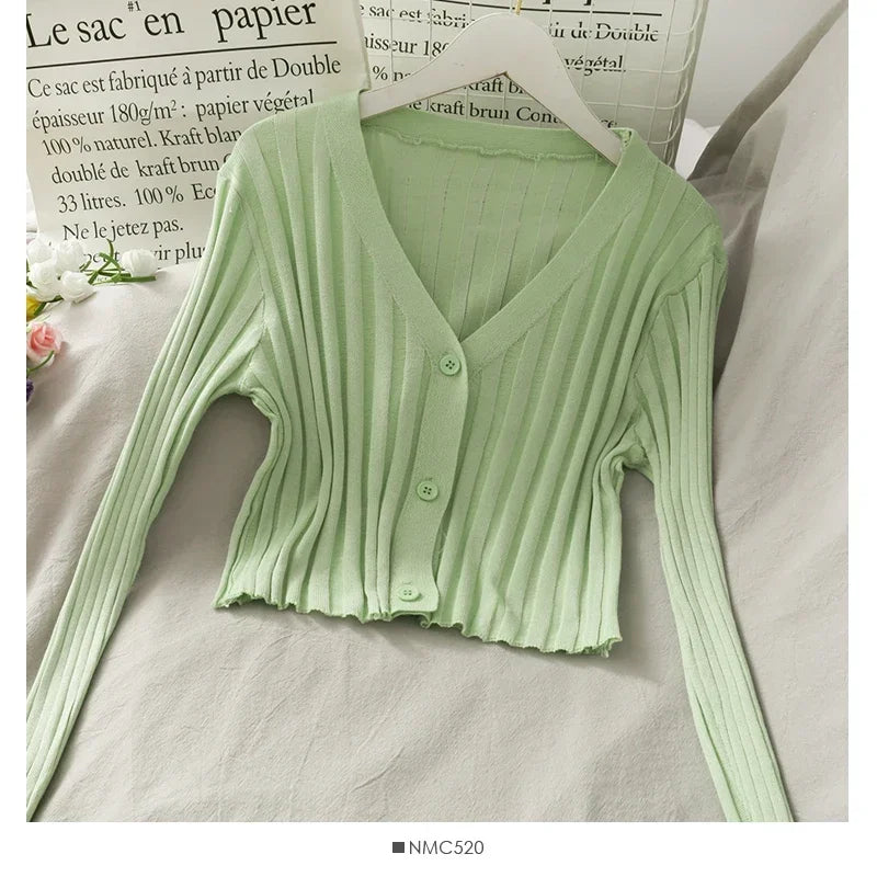 Women's Acrylic Long Sleeve V-Neck Button-Down Slim Cropped Ribbed Knit Cardigan Thin Solid Stretch Crop Top Knitwear