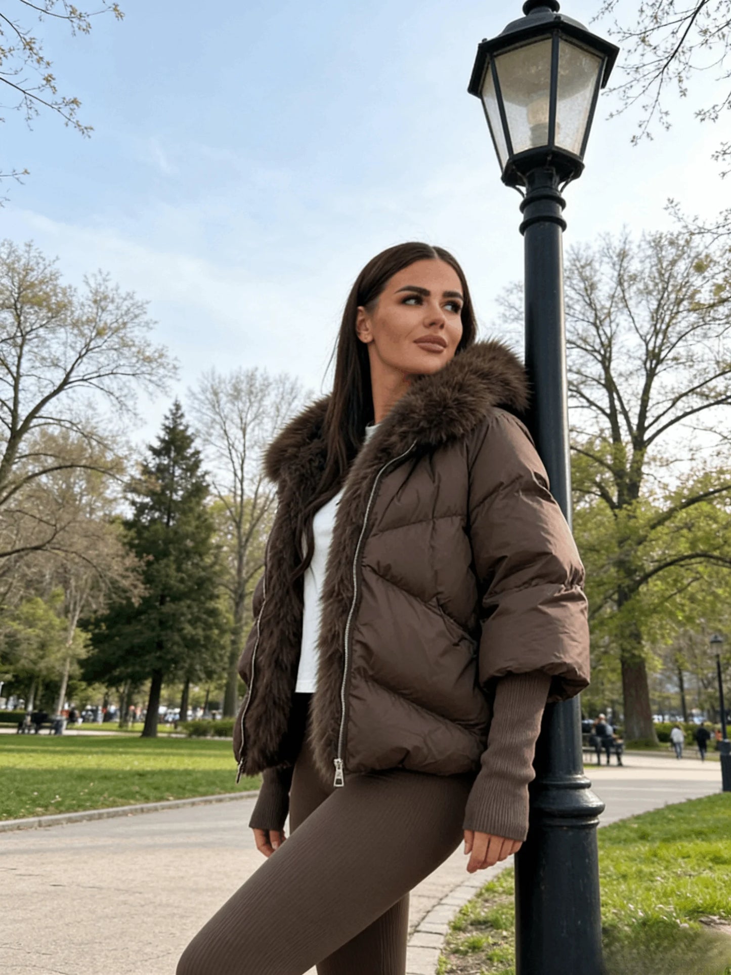 Women's Hooded Jacket - Quilted Cotton Winter Coat With Faux Fur Collar & Knitted Cuffs