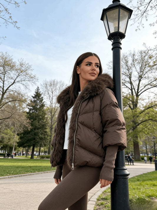 Women's Hooded Jacket - Quilted Cotton Winter Coat With Faux Fur Collar & Knitted Cuffs