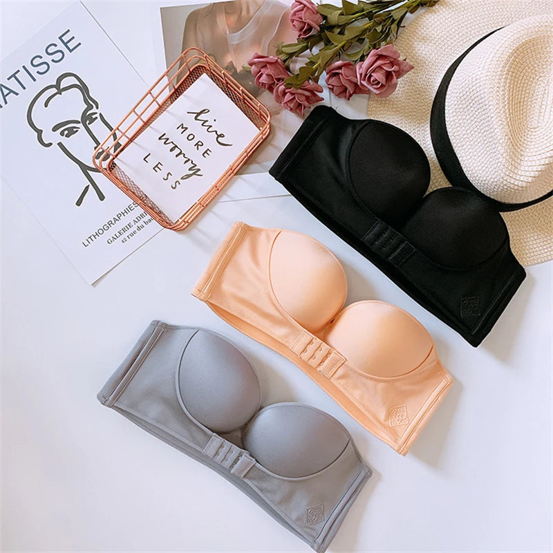Strapless Push Up Bra - Front Closure Wireless Bralette, Seamless Nylon One-Piece Brassiere
