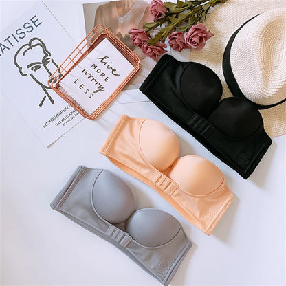 Strapless Push Up Bra - Front Closure Wireless Bralette, Seamless Nylon One-Piece Brassiere