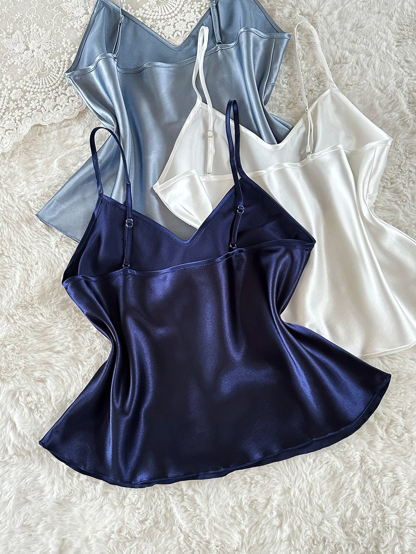 Women 3PCS Solid Color Pajamas V Neck Spaghetti Strap Sleeveless Slip Top Elegant Ladies Sleepwear Set for Home or Da
