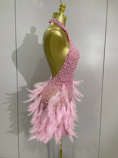 Backless Halter Dress - Women's Party Mini Sheath With Rhinestone & Feather Details