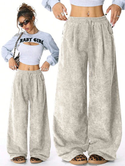 Women's Retro Corduroy Cargo Pants Casual Drawstring Straight Sports Pants Drape Daily Commuting Wide Leg Pants