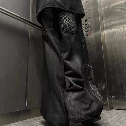 Y2K Retro Oversized Baggy Unisex Mopping Pants Phantom Jeans Men High Street Spider Embroidered Patch Hip Hop Streetwear Gothic