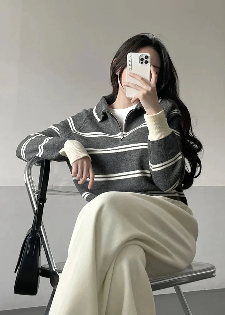 Korean Style Lazy Striped Zipper Color Block Long Sleeve Women's Soft Sweater Autumn Winter New Design Knitted Shirt