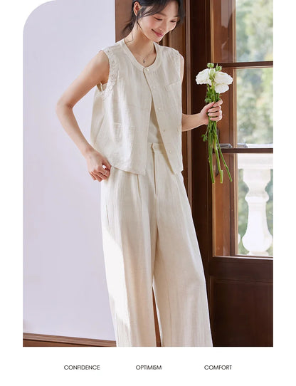 VIMLY Linen Blend Pant Set Two Piece Old Money Style Woman Summer Outfits 2026 Sleeveless Vest Wide Legs Pants Lady Suit A0820