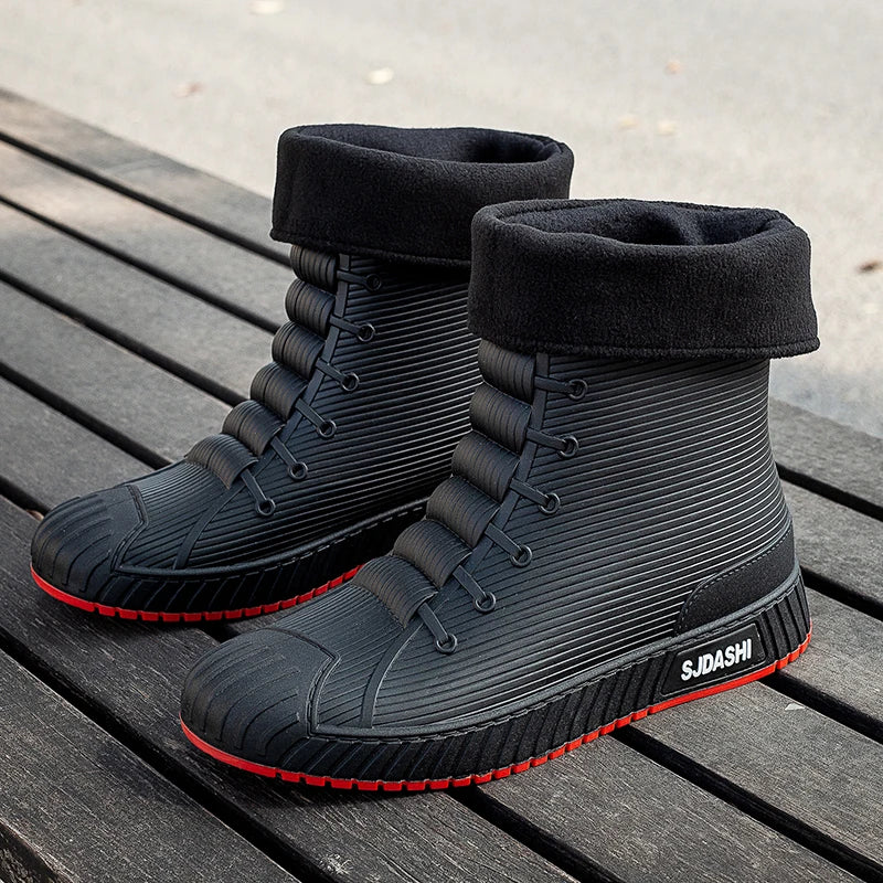 Waterproof Rain Boots - Men Women Mid-Calf Lined Fleece Casual PVC Shoes