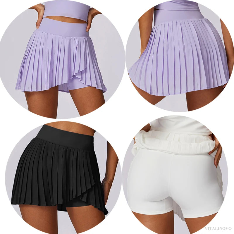 VITALINOVO Women's High Waisted Pleated Tennis Skirts with Pockets Tummy Control Casual Liner Skorts A Line Workout Golf Skirts