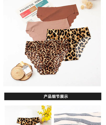 3pcs Women's Seamless Ice Silk Panties Female Mid Waist Plus Size Leopard Print Underwear Girls Fashion Brief Lady Comfort Panty