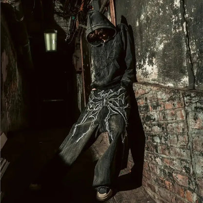 Y2K Retro Oversized Baggy Unisex Mopping Pants Phantom Jeans Men High Street Spider Embroidered Patch Hip Hop Streetwear Gothic