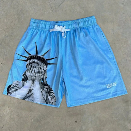 European and American men's summer Statue of Liberty letter print, soft and breathable drawstring shorts, outdoor casual pants