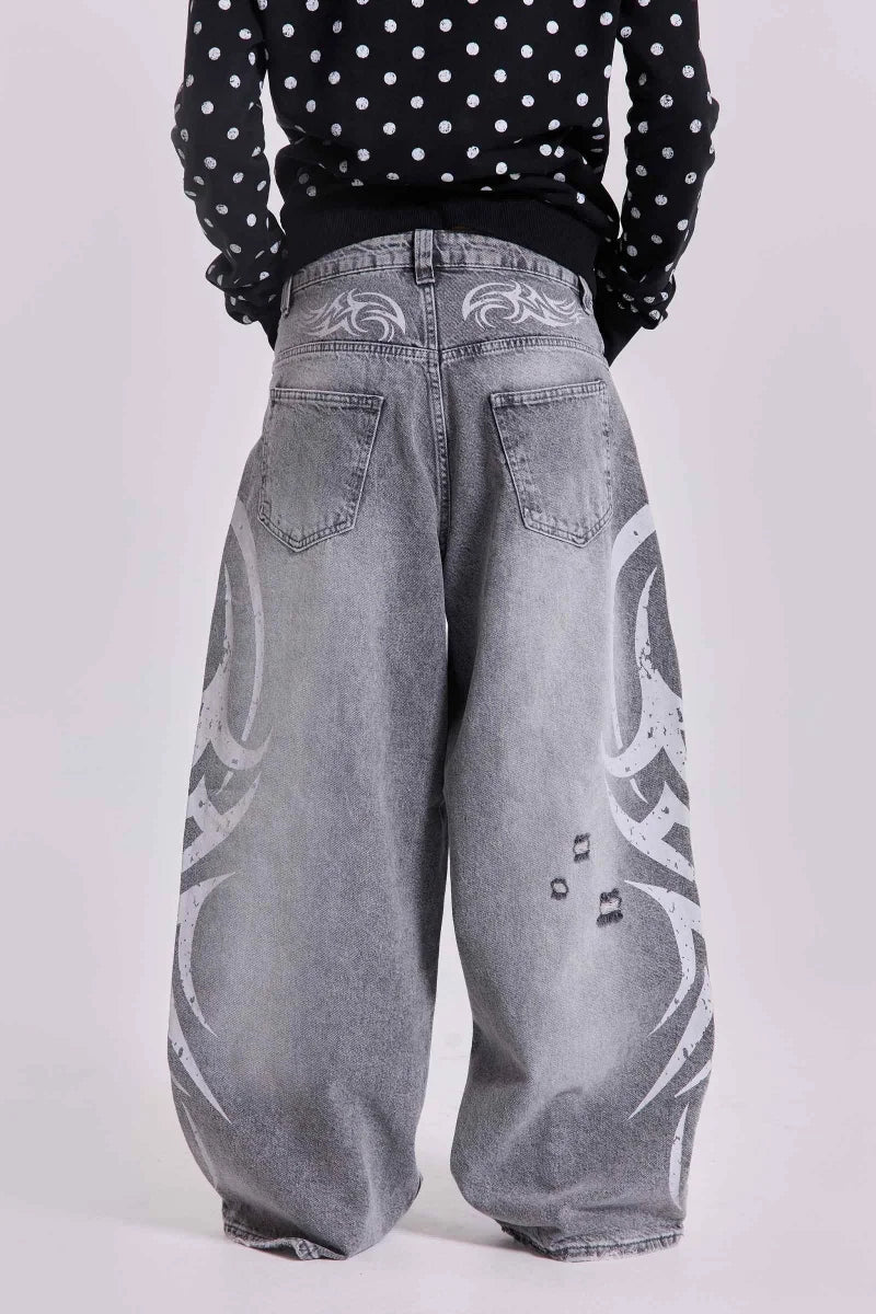 Loose Jeans Women Graffiti Print Baggy Wide Leg Straight Leg Ripped Floor Pants Harajuku Y2k Gothic Unisex Work Denim Pants